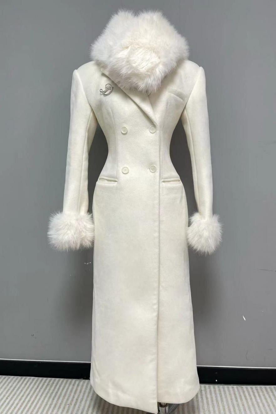 Ivory Slim faux fur mid-length woolen coat Avalabel