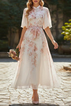 Pink Floral Print Mandarin Collar Chiffon Maxi Dress Avalabel