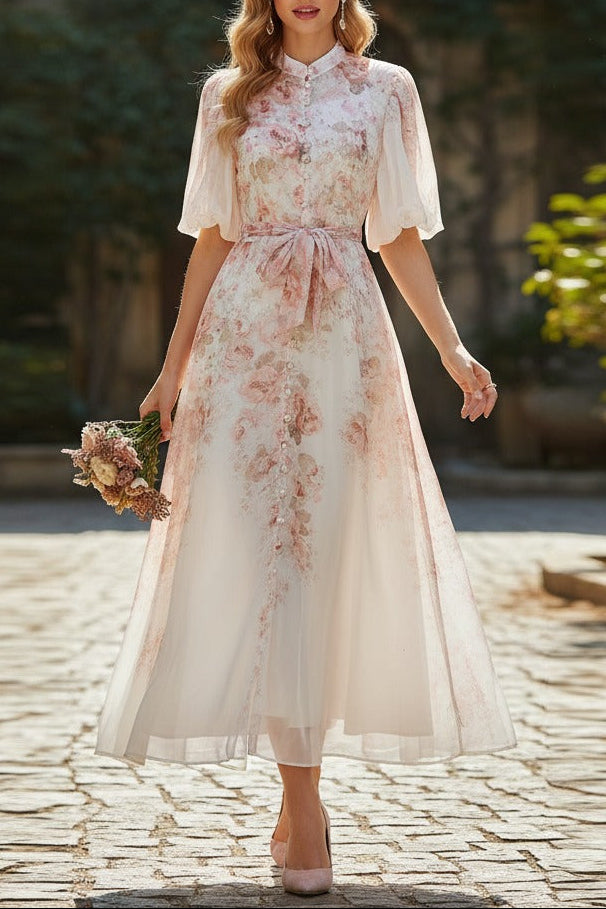 Pink Floral Print Mandarin Collar Chiffon Maxi Dress Avalabel