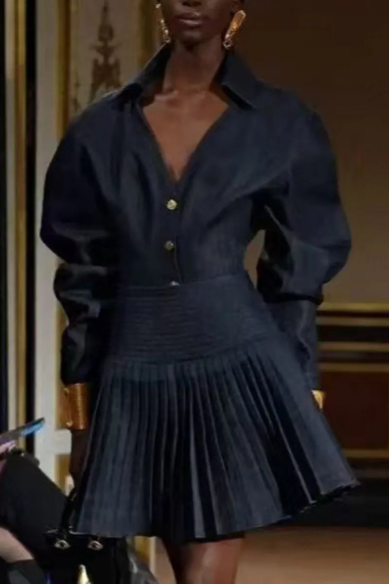 florence Single-breasted top pleated skirt in navy blue Avalabel