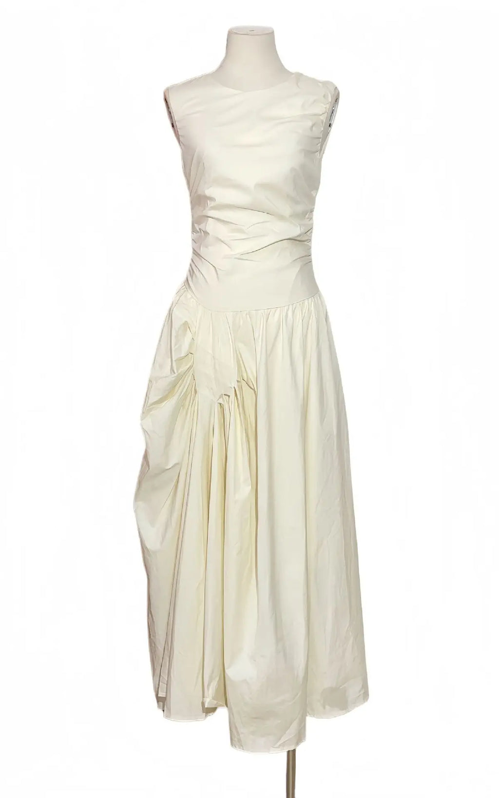 jenny ruched a-line sleeveless midi dress in apricot Avalabel