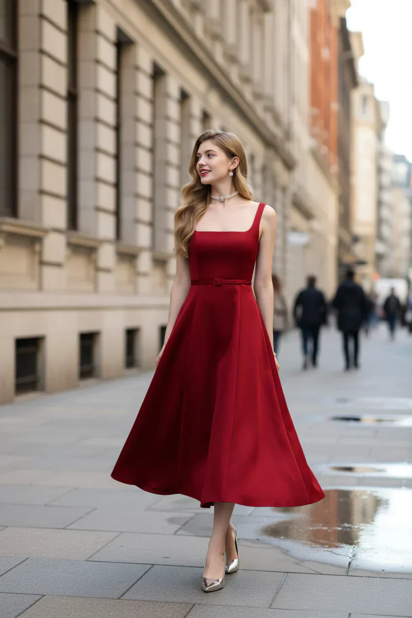 amelia square neck Satin Slip midi Dress - Red Avalabel