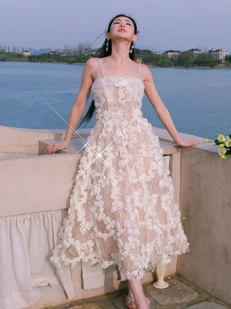 Leah White/Beige Sleeveless  Flower Dress Avalabel