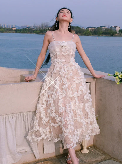 Leah White/Beige Sleeveless  Flower Dress