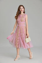 Phoenix 3D Embroidered Lace Mesh Midi Dress in Pink Avalabel