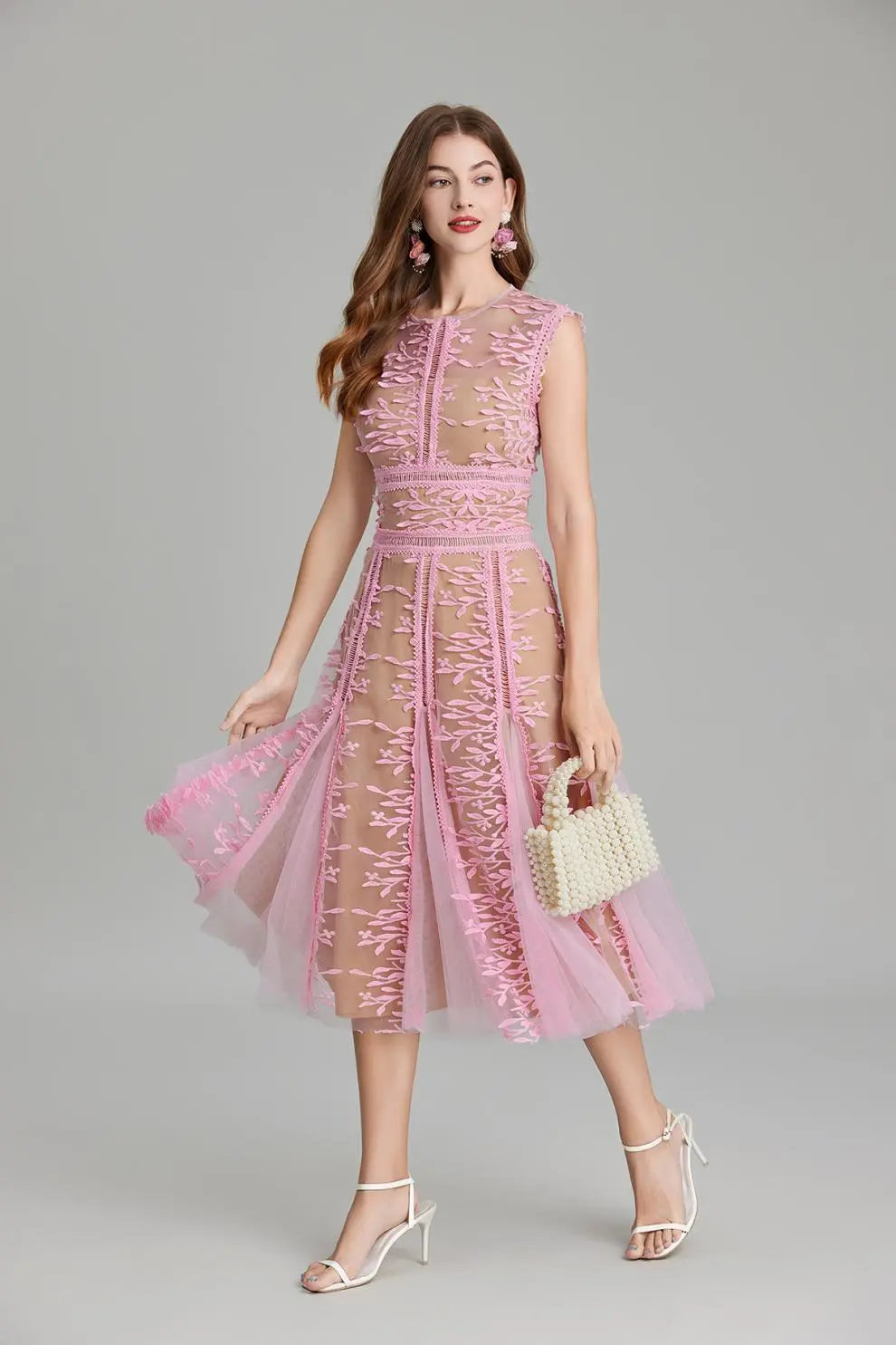 Phoenix 3D Embroidered Lace Mesh Midi Dress in Pink Avalabel