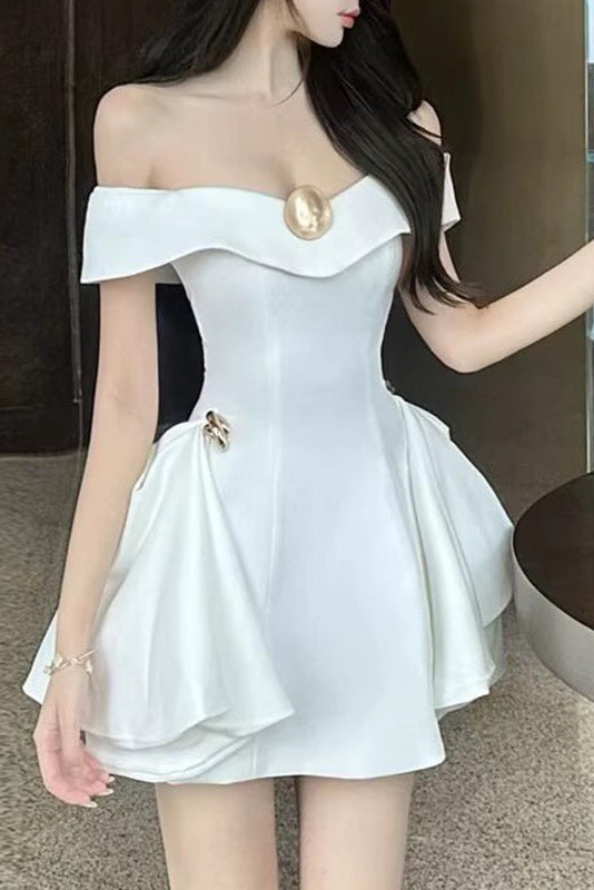 Metal Detail A-Line Off-Shoulder Mini Dress in White Soraya