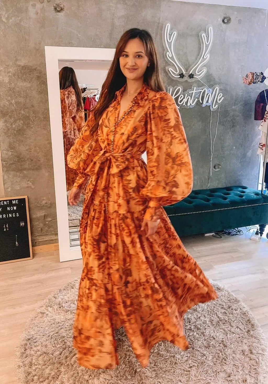 kelly Printed Balloon Sleeve Maxi Dress in brown Avalabel
