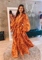 kelly Printed Balloon Sleeve Maxi Dress in brown Avalabel