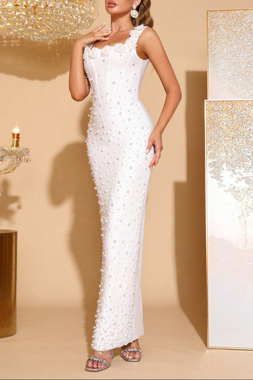 Adela White Flower Beaded Square-Neck Elastic Bandage Maxi Dress Avalabel