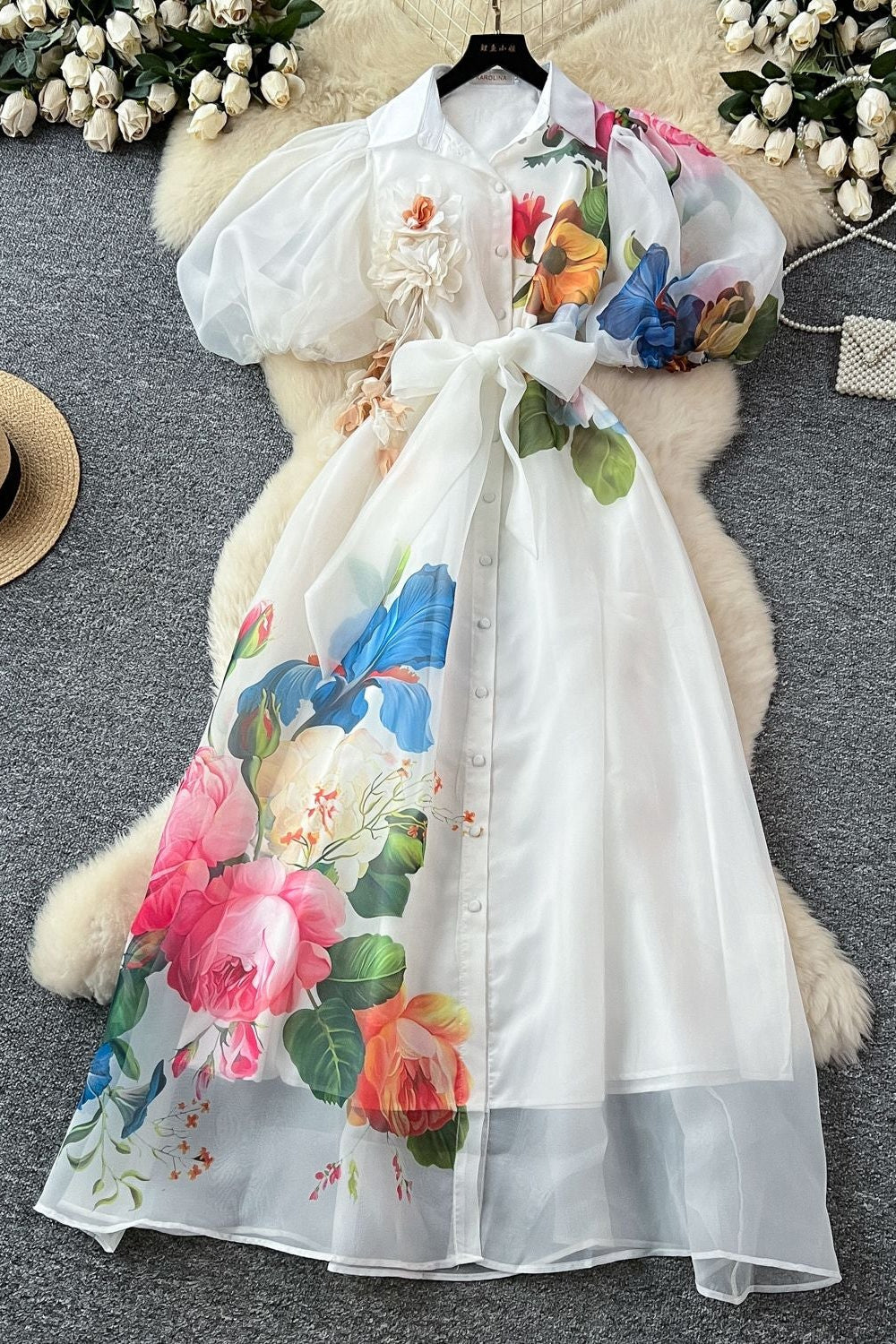 Single-Breasted Floral Printed Puff Sleeve Maxi Dress in Apricot Avalabel