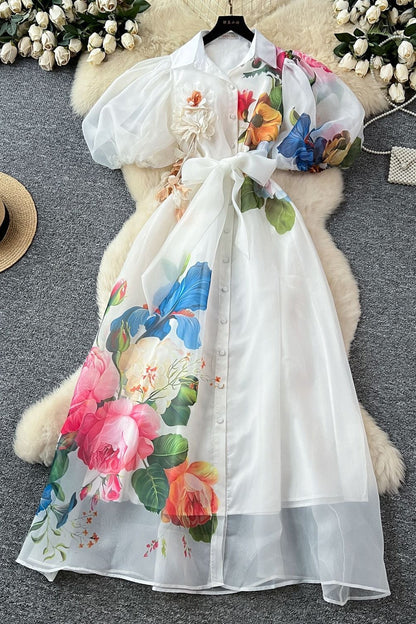Single-Breasted Floral Printed Puff Sleeve Maxi Dress in Apricot