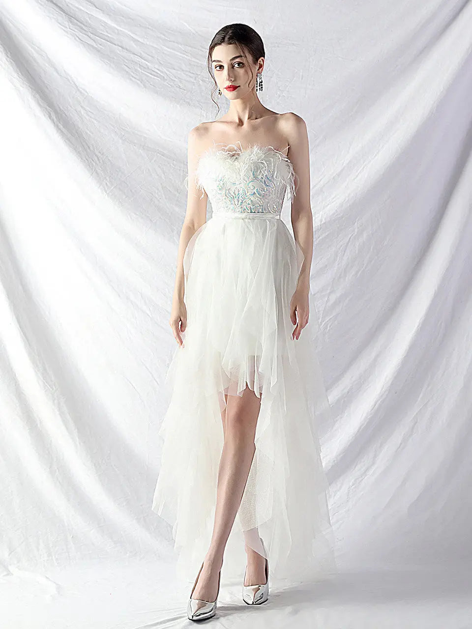 Strapless feather tulle midi dress Avalabel