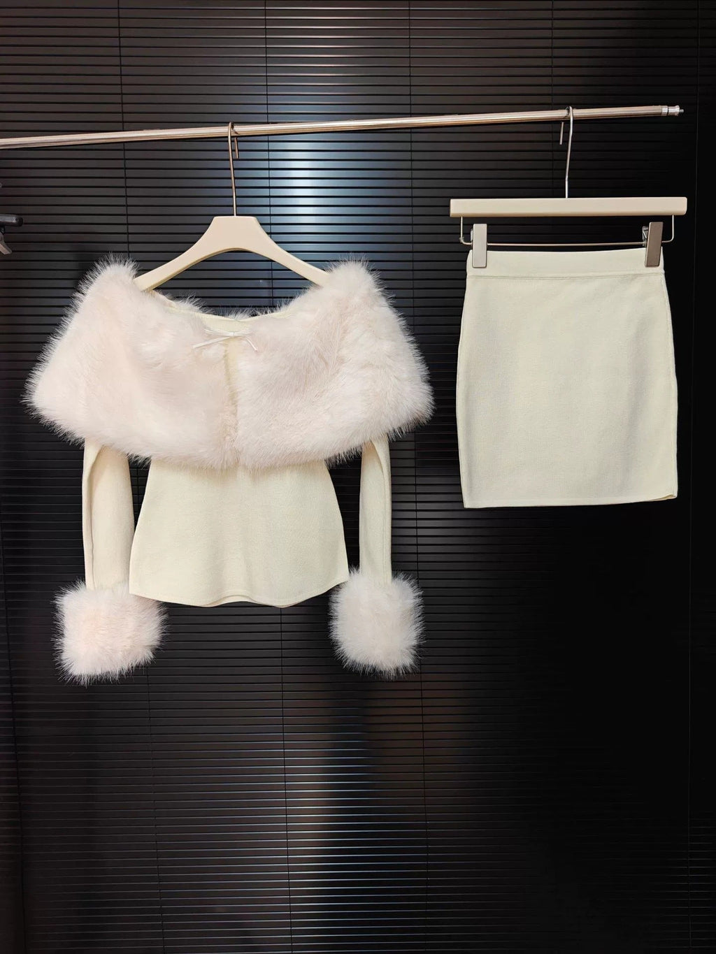 sherry Off Shoulder Furry Skirt Set Avalabel