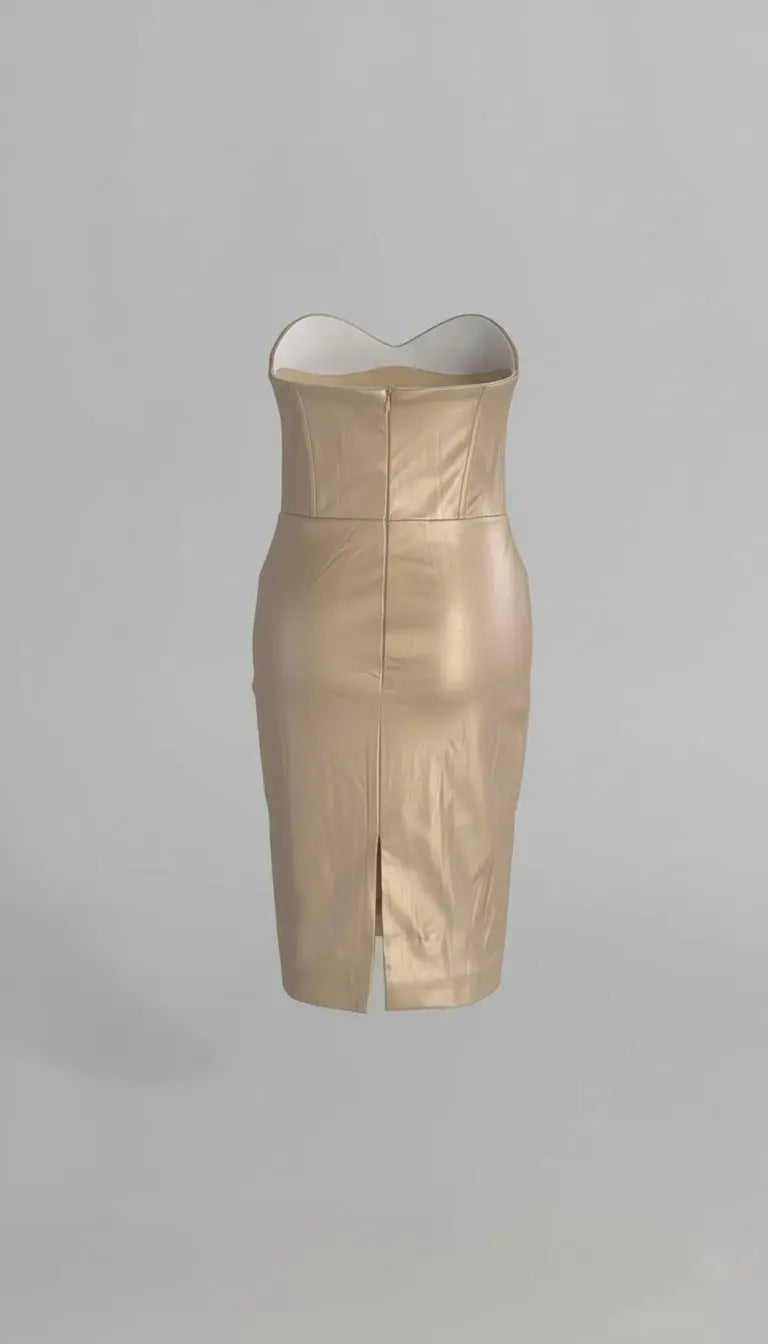 lauren pleated strapless back slit mini dress in gold Avalabel