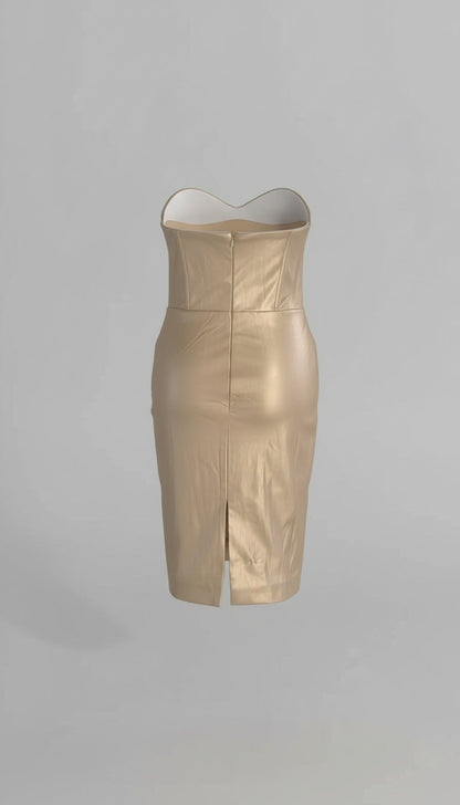 lauren pleated strapless back slit mini dress in gold