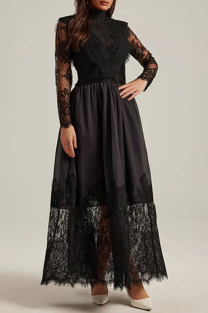 Lila Flowerr Lace Embroidery Maxi Dress Set in Black Avalabel