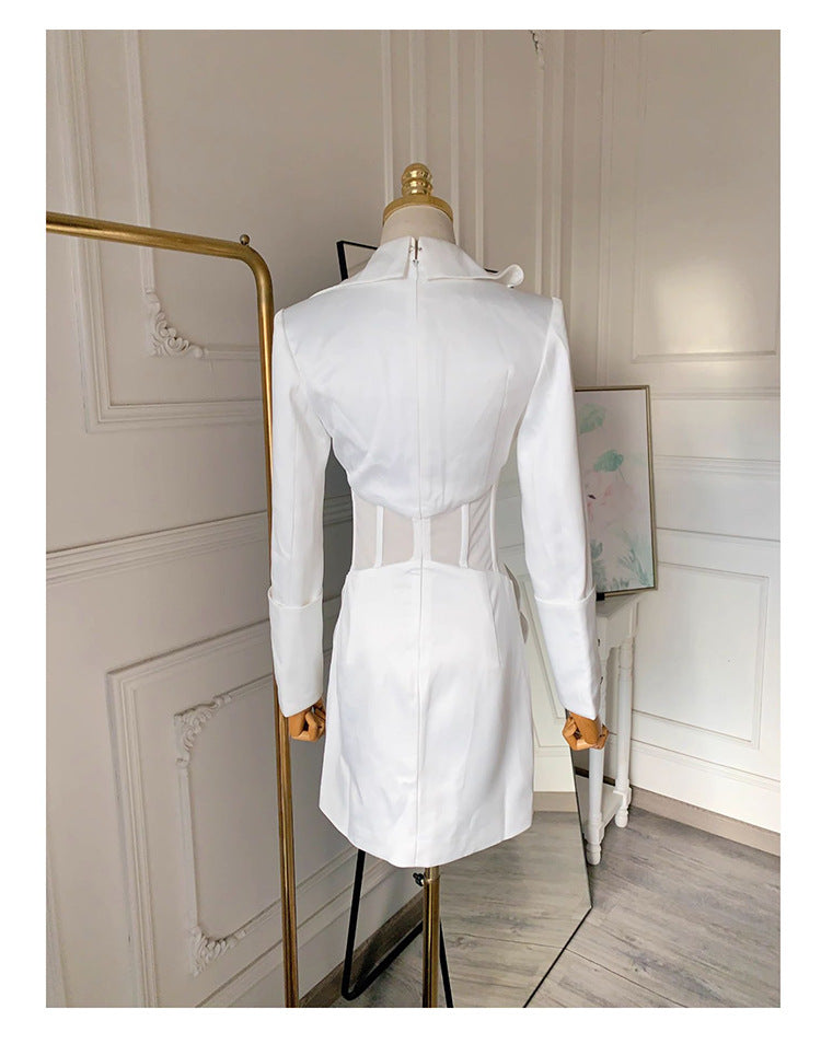 alyssa Deep V See-Through Fishbone Pleated Hip blazer mini dress in white Avalabel
