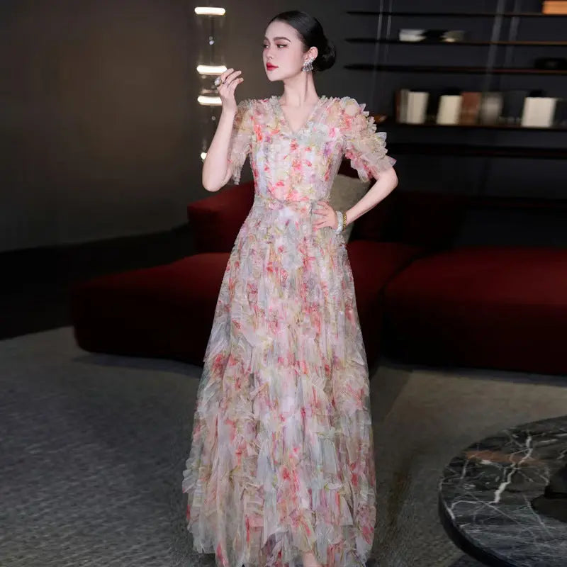 jodie v neck multicolor ruffle trim tulle maxi dress Avalabel