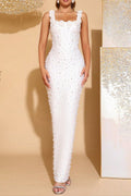 Adela White Flower Beaded Square-Neck Elastic Bandage Maxi Dress Avalabel