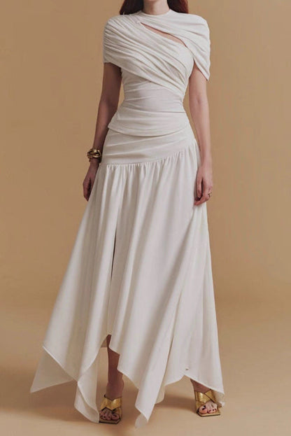 CASSIA Asymmetrical Ruched Top Midi Skirt Set in White