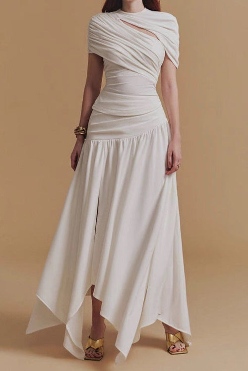 CASSIA Asymmetrical Ruched Top Midi Skirt Set in White Avalabel