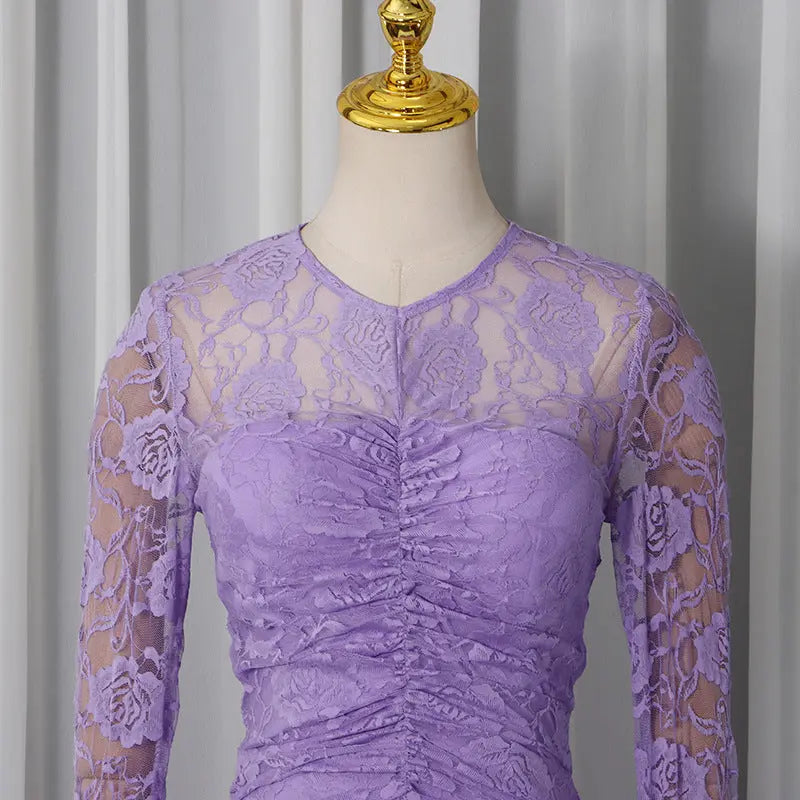 penny lace  hollow ruched bodycon long sleeve maxi dress in purple Avalabel