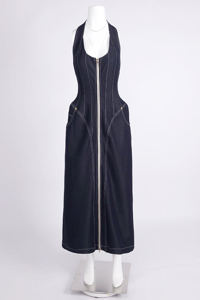 Haltered Corseted Midi Dress Denim in Navy Blue Avalabel