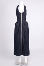 Haltered Corseted Midi Dress Denim in Navy Blue Avalabel