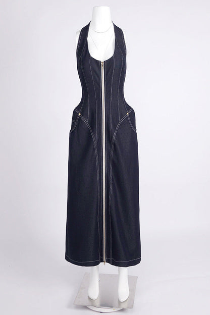 Haltered Corseted Midi Dress Denim in Navy Blue