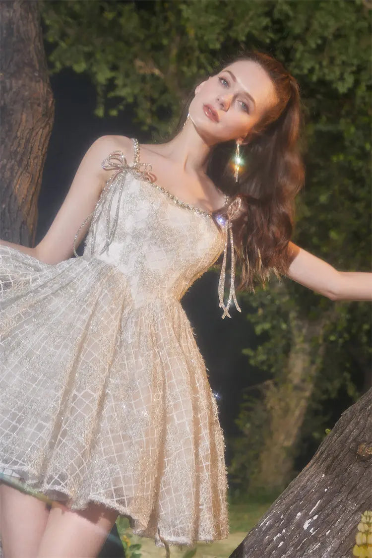 beige Square Collar Sleeveless lace cocktail Dress Avalabel