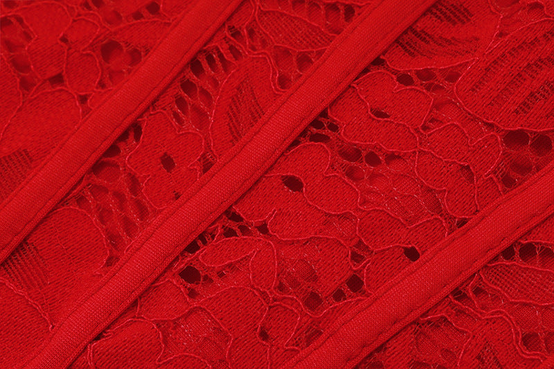 red Strapless Bandage Backless Floral Lace Corset Tube mini Dress Avalabel