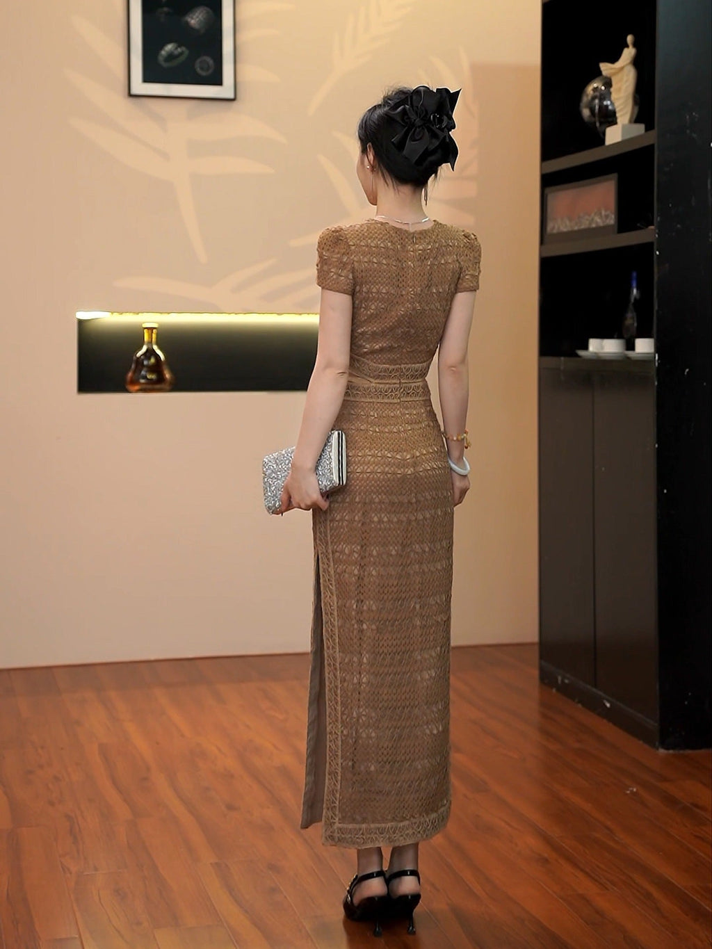 Sharon Appliqué Hollow Maxi Dress in Brown Avalabel