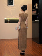 Sharon Appliqué Hollow Maxi Dress in Brown Avalabel