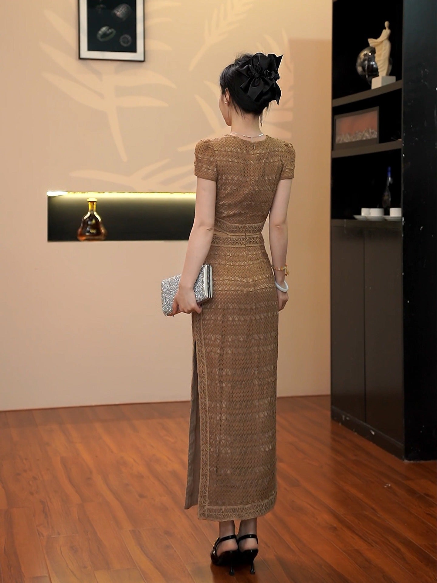 Sharon Appliqué Hollow Maxi Dress in Brown Avalabel