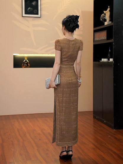Sharon Appliqué Hollow Maxi Dress in Brown Avalabel