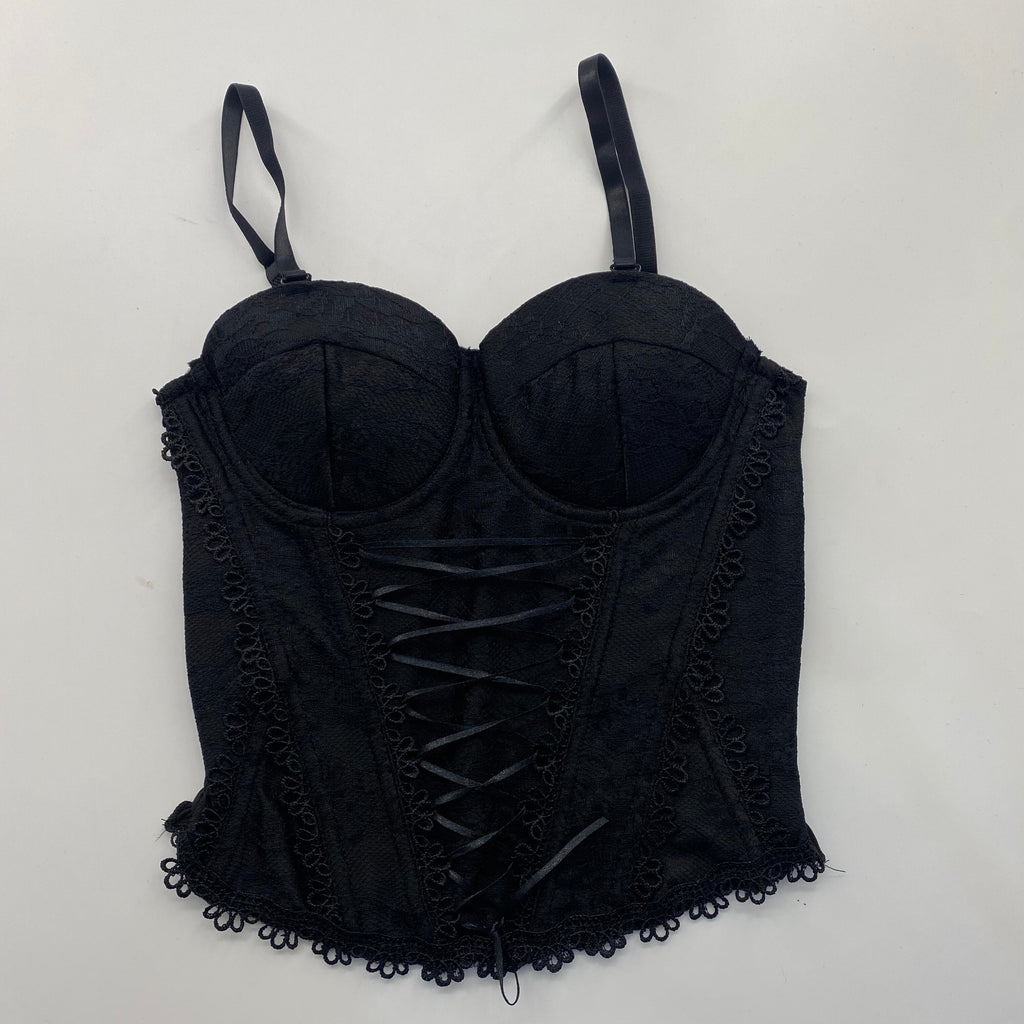 Adjustable Strap Two-Tone Floral Lace Front Lace-Up Cropped Corset Bustier Top sis label