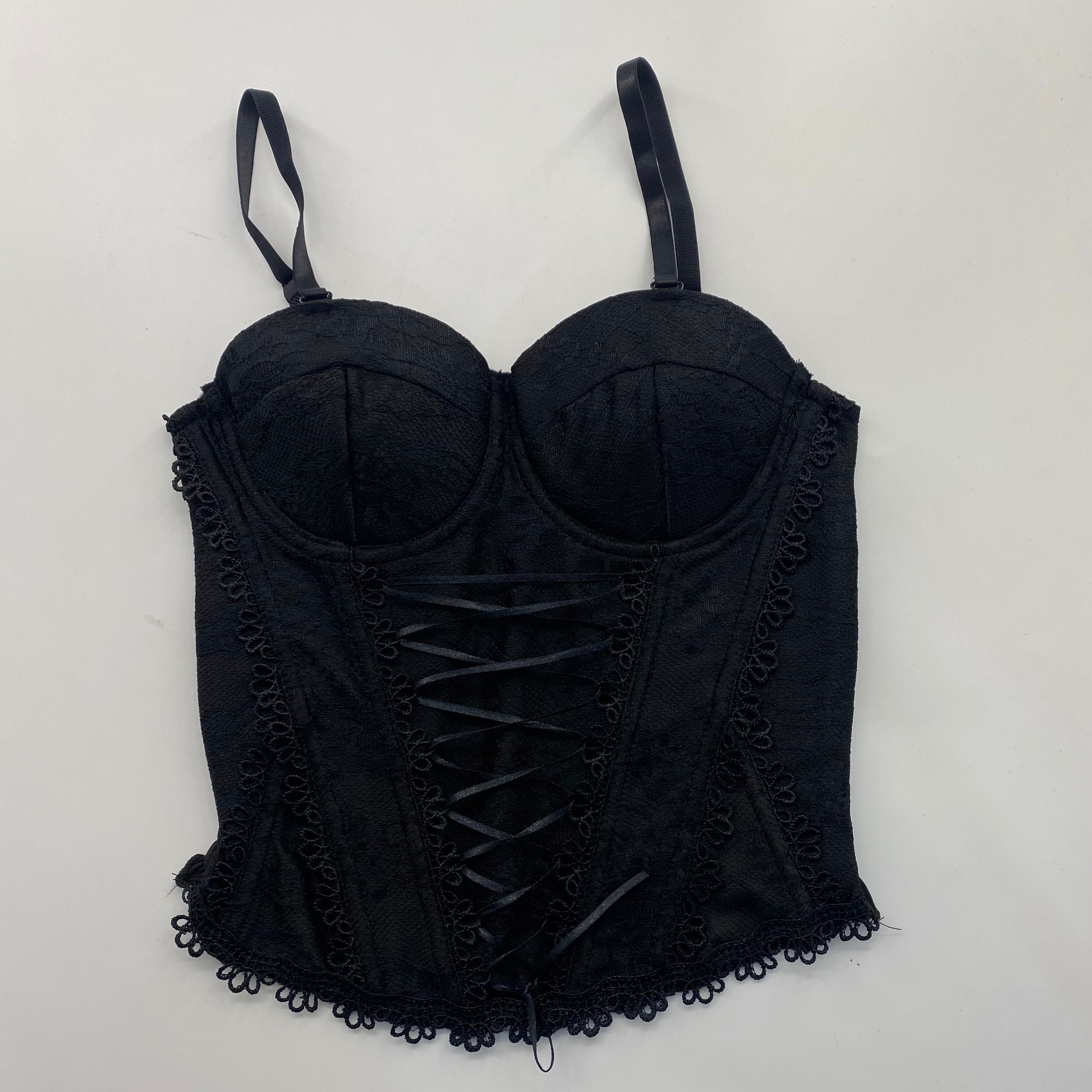 Adjustable Strap Two-Tone Floral Lace Front Lace-Up Cropped Corset Bustier Top sis label