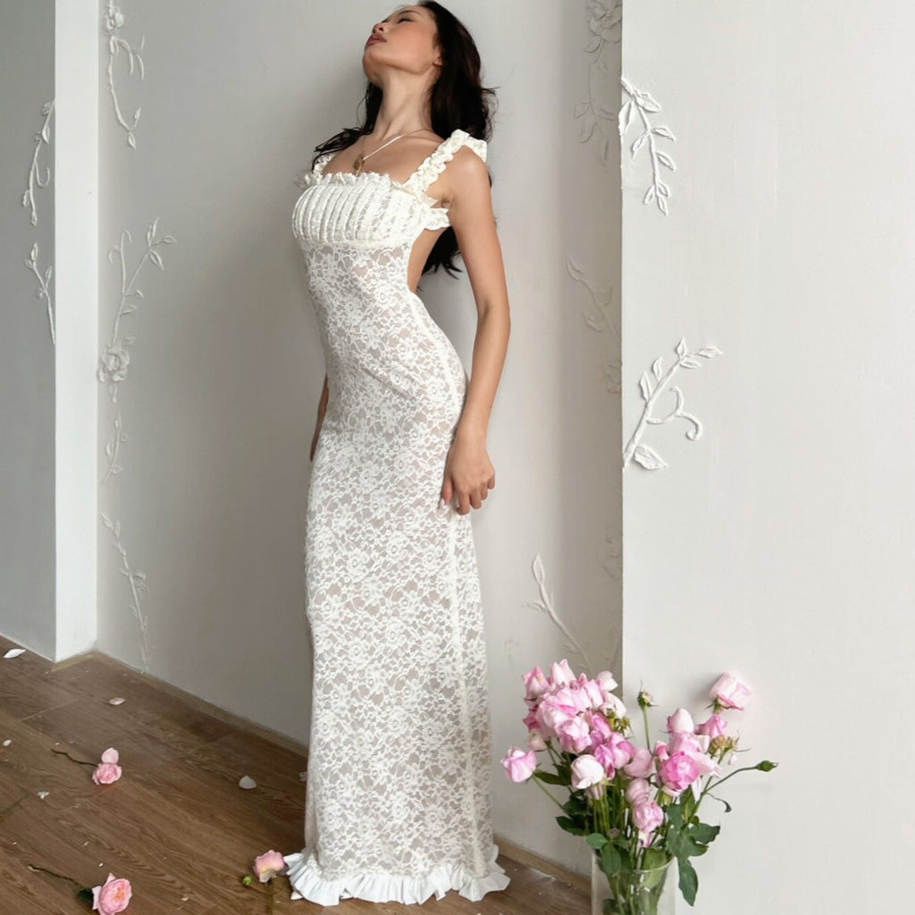 Georgia Lace Bodycon Slip Maxi Dress in White Avalabel