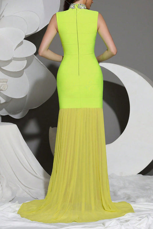 Amy Mesh Stitching Diamond High Collar Bandage Maxi Dress in Green Avalabel