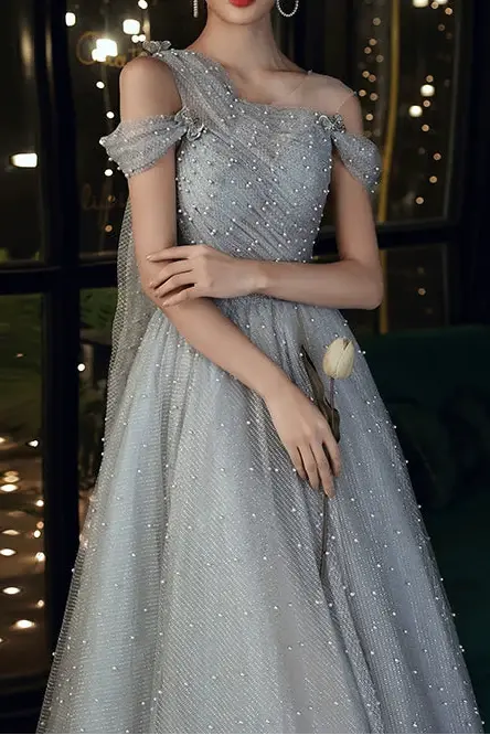 Dusty Blue one-shoulder pearl maxi evening dress Avalabel