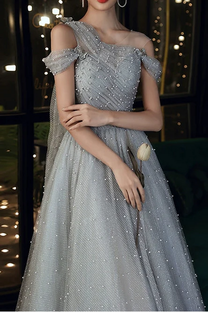 Dusty Blue one-shoulder pearl maxi evening dress