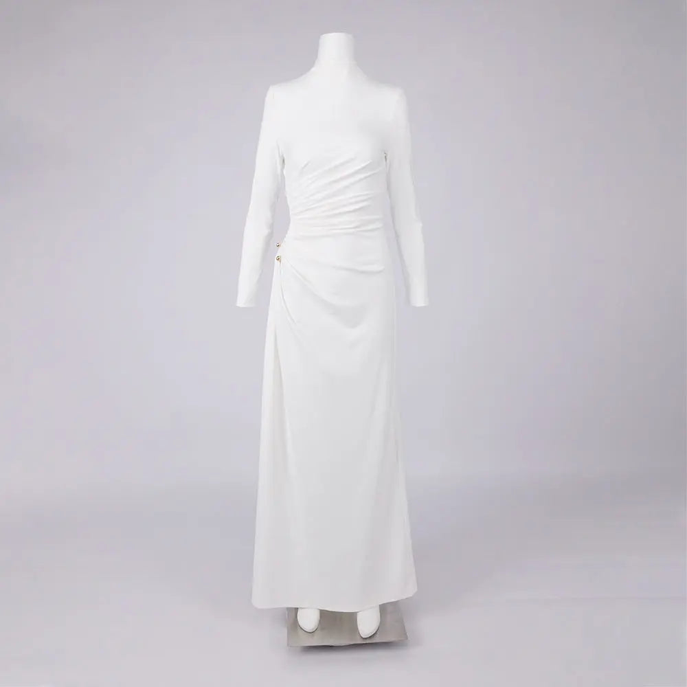 rita Metallic Double Ball Long-Sleeve High-Slit maxi Dress in white Avalabel