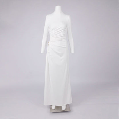 rita Metallic Double Ball Long-Sleeve High-Slit maxi Dress in white