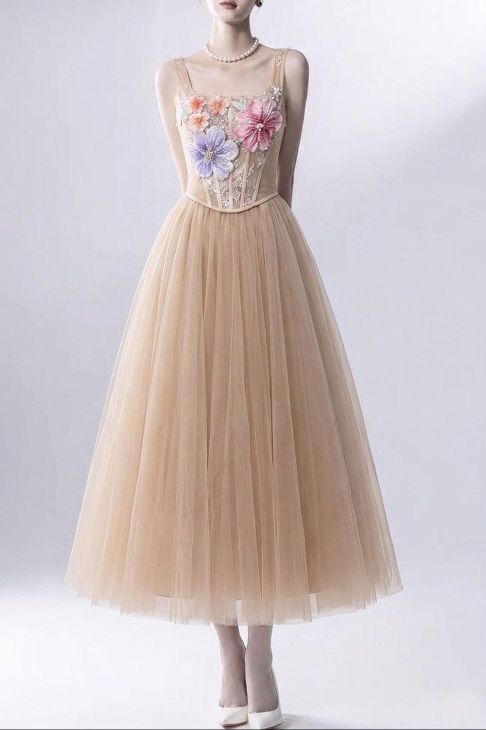 3D Floral Camisole Top & Tulle Skirt Set -  Champagne Avalabel