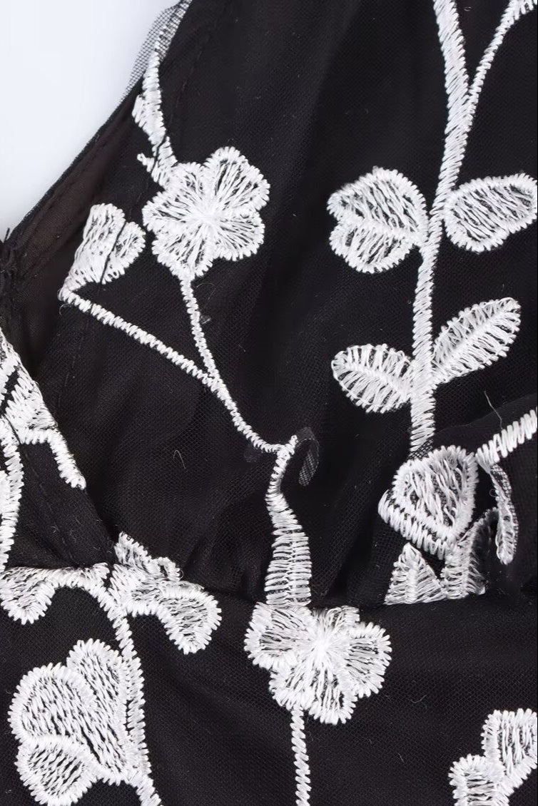 Sarah V Neck Floral Embroidered Midi Dress in Black Soraya