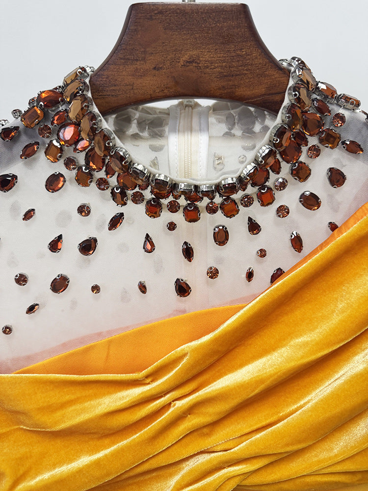 Mesh-Paneled Beaded Rhinestone-Embellished Maxi Dress - Yellow Avalabel