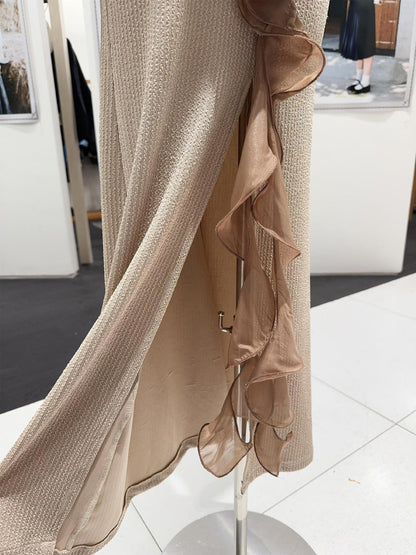 rachel Contour Long Sleeve Ruffle Knit Maxi Dress in pale brown