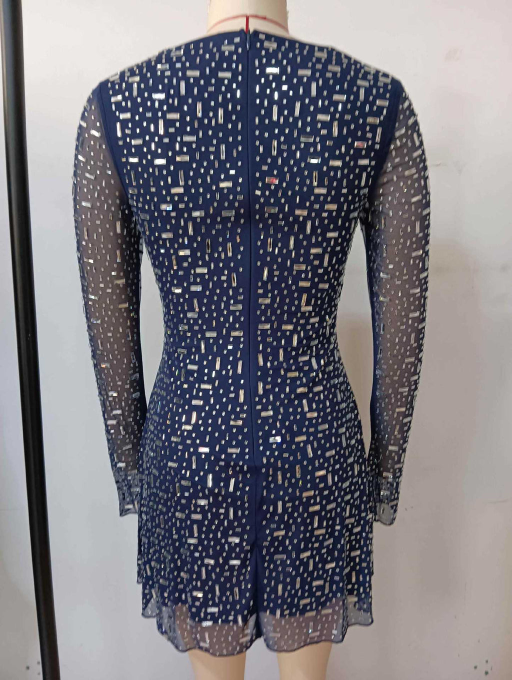 amanda navy Long Sleeve Rhinestone Mesh Mini Dress Avalabel