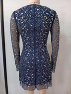 amanda navy Long Sleeve Rhinestone Mesh Mini Dress Avalabel